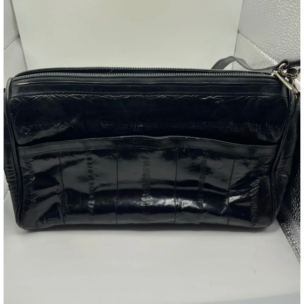 SLNCO Genuine Eel‎ Skin Shoulder Bag Black Zipper Pockets Made in Korea